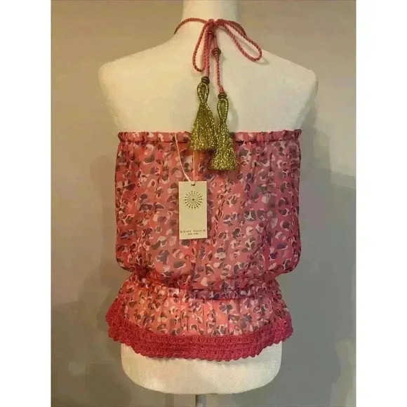 Ramy Brook Cover Up Top Crochet Metallic Strapless Gold Tassel Leopard Rope Tie - Picture 3 of 11